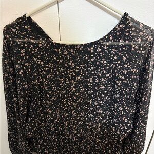 AllSaints Black Sheer Blouse with Pink Floral Accents